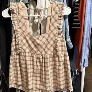 Hem & Thread Beige Plaid Ruffle Top